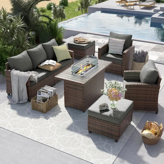Outdoor Patio Furniture Set with 44 Inch Fire Pit Table for Garden Backyard Deck 6 Pieces Sectional Conversation Set