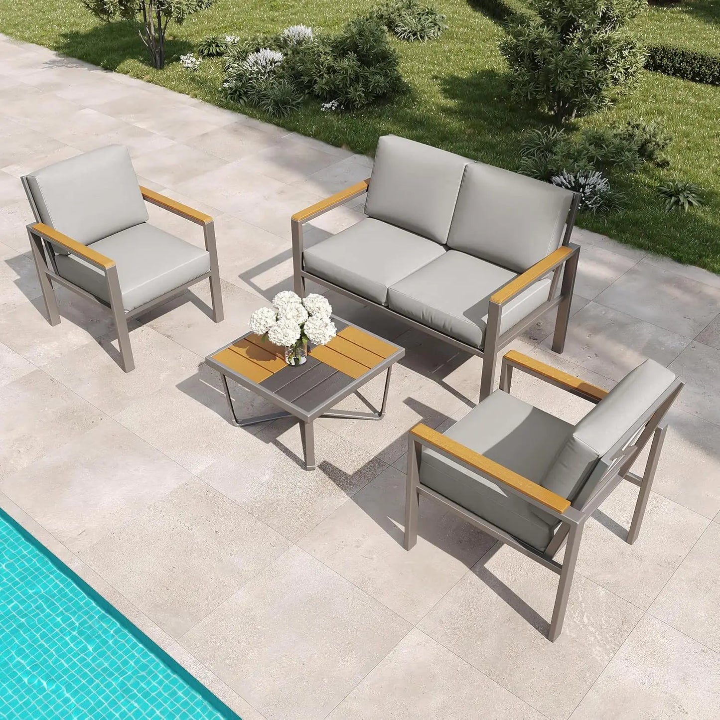ANGDUO Patio Furniture Set With Fire Pit Table Outdoor Metal Sectional Cushions Wood Like Armrests