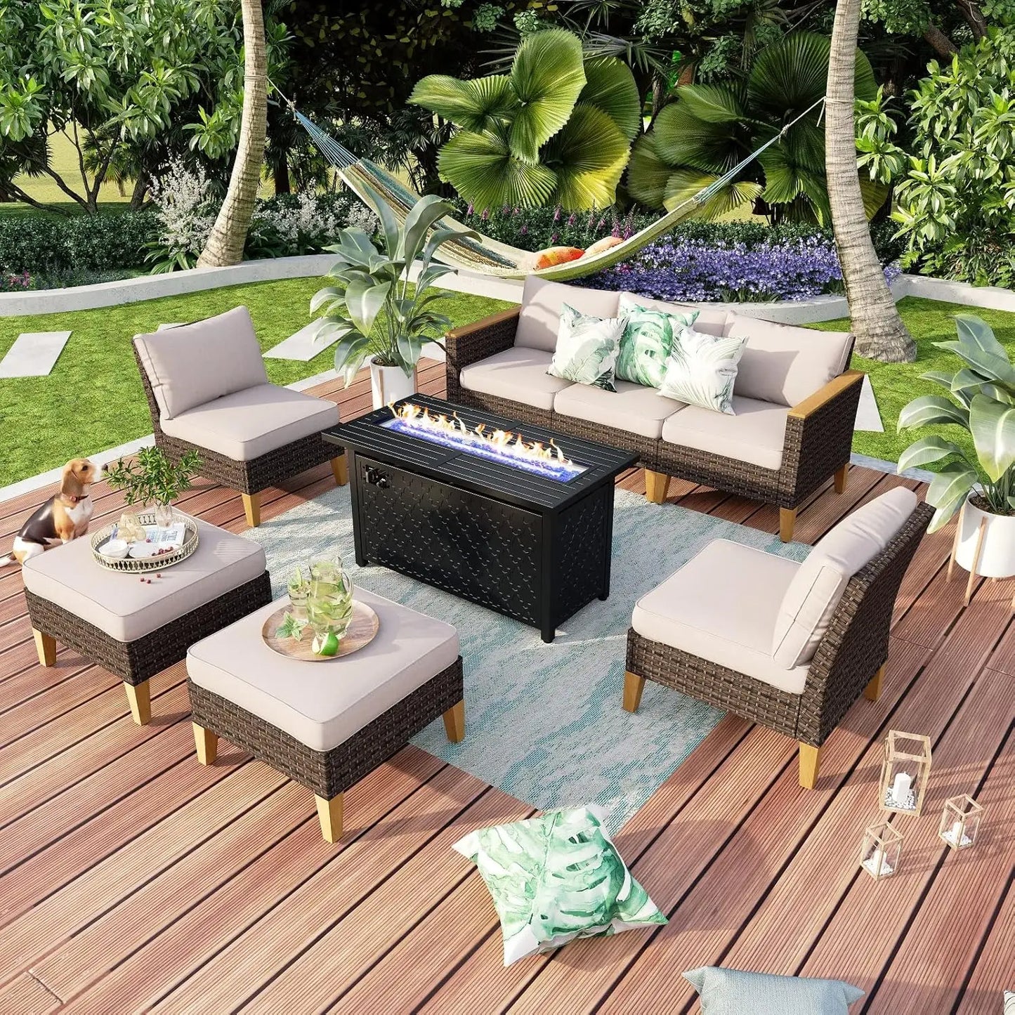 9 Piece Wicker Patio Furniture Set with 56 Inch Fire Pit Table All Weather PE Rattan Patio Sectional Sofa Conversation Set