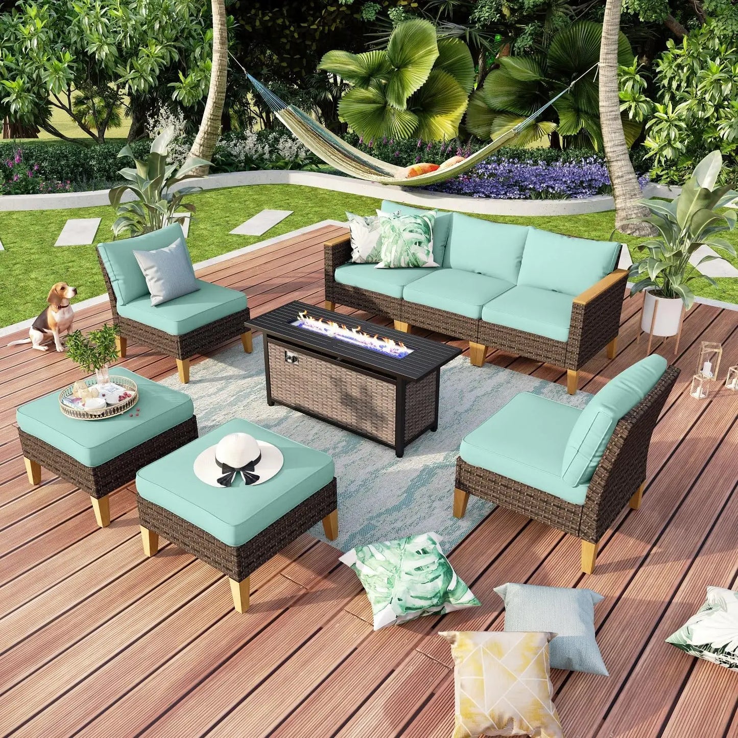 9 Piece Wicker Patio Furniture Set with 56 Inch Fire Pit Table All Weather PE Rattan Patio Sectional Sofa Conversation Set