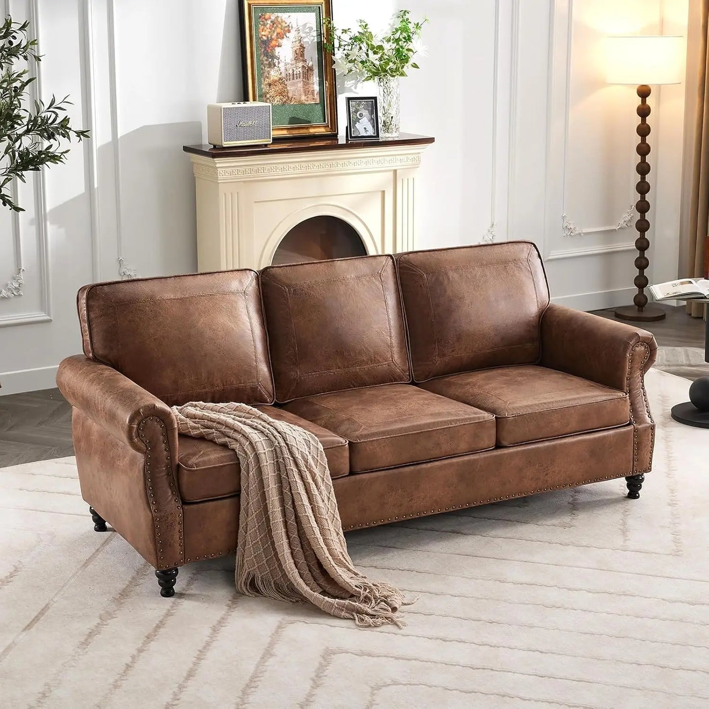 ZHUXIANG Faux Leather Sofa Mid Century Couch for Small Spaces