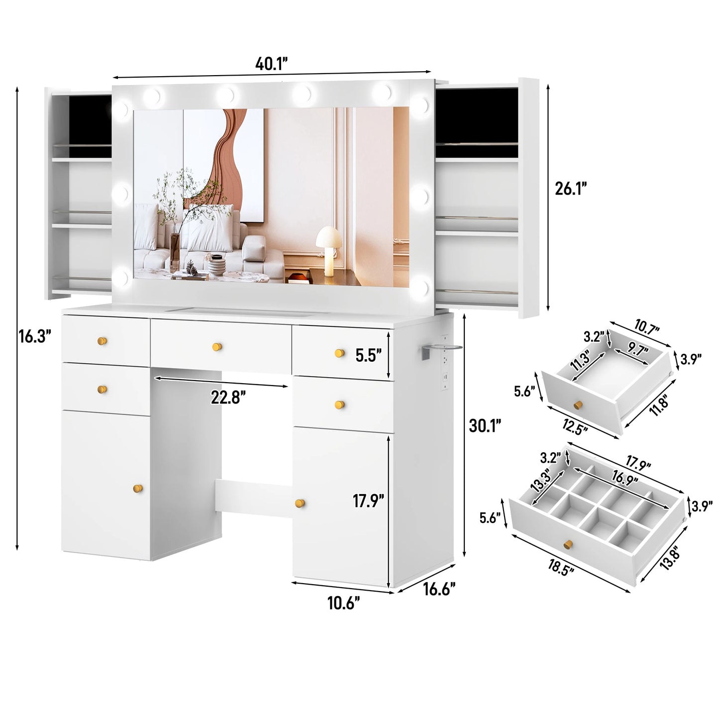 QiaoShiRen Vanity Desk With Lighted Mirror And Power Outlet