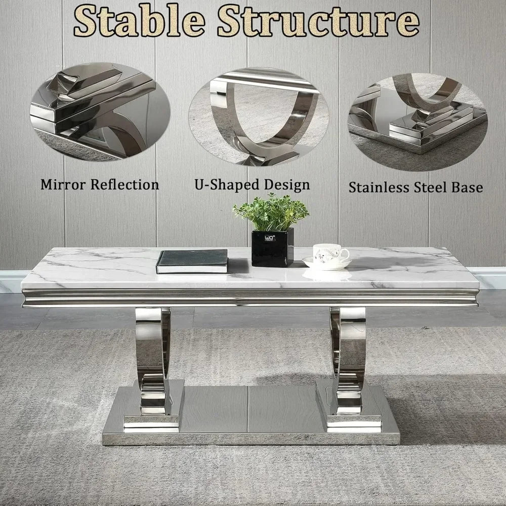 47 Inch Rectangular Coffee Table Modern White Faux Marble Cocktail Table with Silver Mirrored Finish U Shape Stainless Steel Base