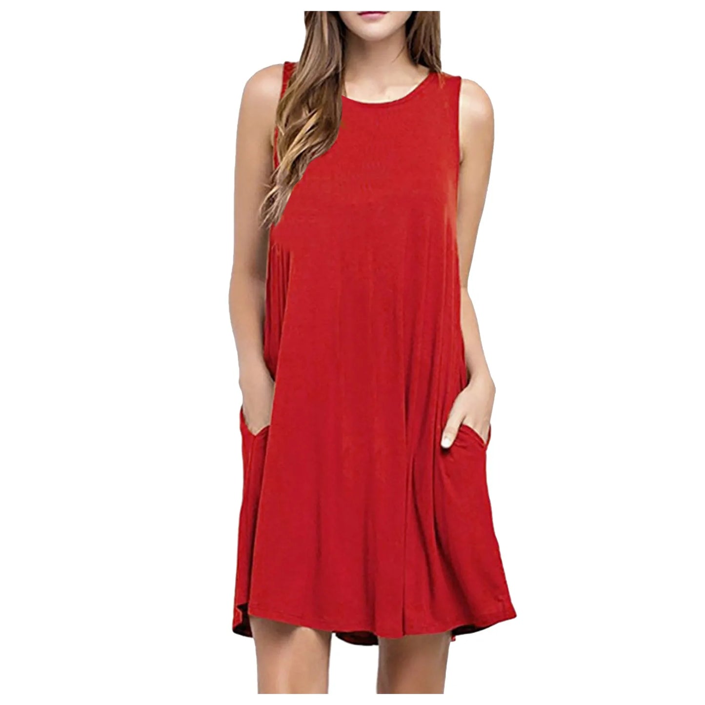 Women Summer Casual Pleated Tank Dress with Pockets