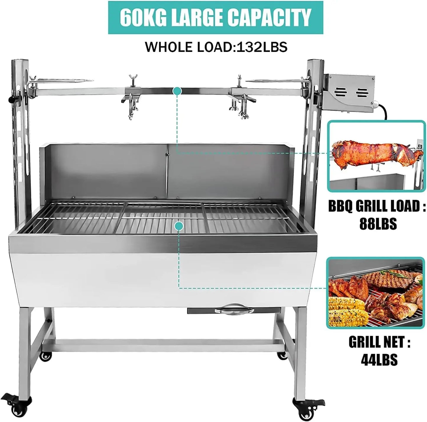 Stainless Steel Charcoal Rotisserie Grill with Automatic Motor