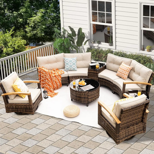 Multi Piece Outdoor Patio Furniture Sets Half Moon Curving Rattan Sofa Conversation Set