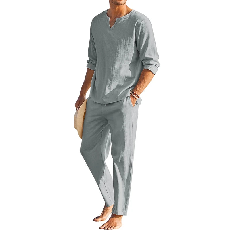 Guangdong Men's Summer Cotton Linen 2 Piece Loungewear Set