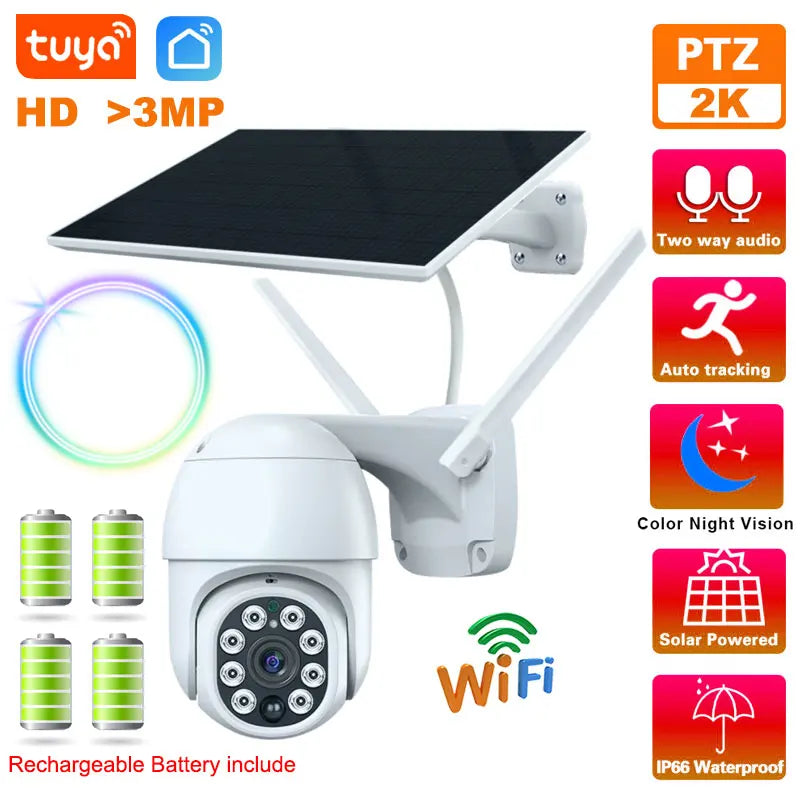 Tuya WiFi 3MP Solar Camera 10000mAh Battery Wireless PTZ Outdoor PIR Monitoring AI Human Tracking Night Vision CCTV