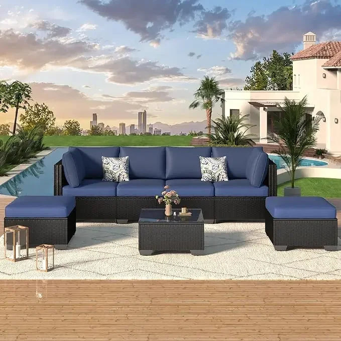 7 Piece Outdoor Patio Furniture Set PE Rattan Grey Wicker Sectional Chair Set with Cushion