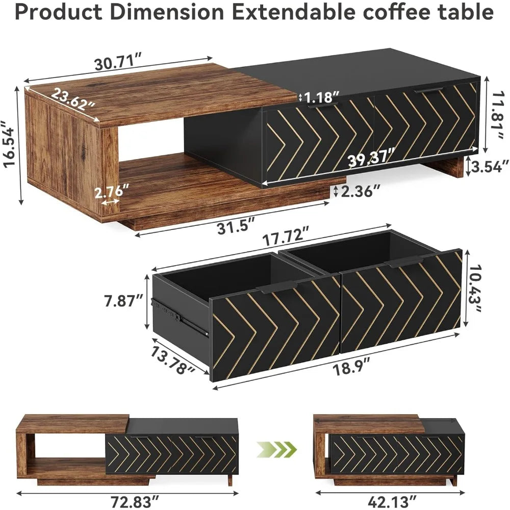 Expandable Premium ExtraDurable Solid Wood Coffee Table WithDualDrawersAndStorage