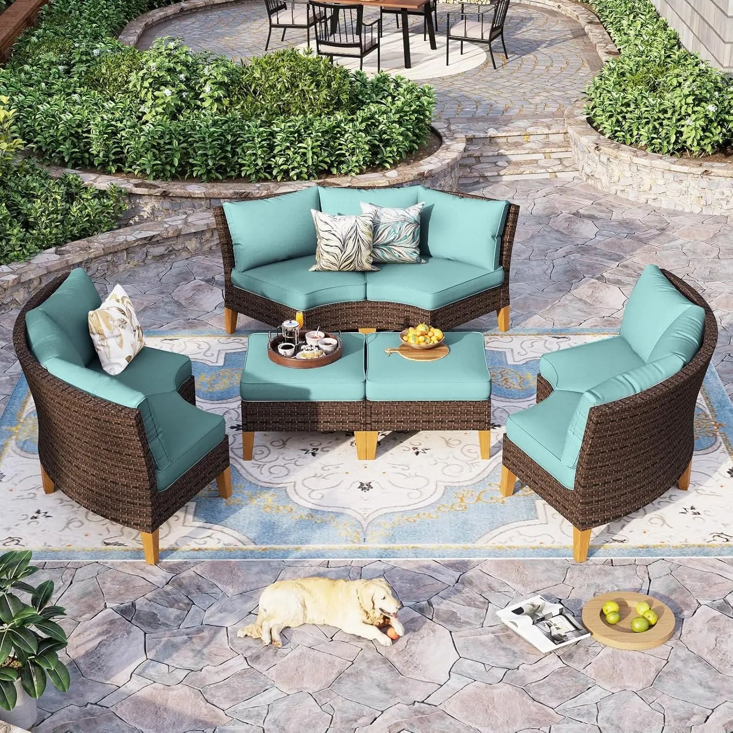 12 Piece Curved Outdoor Sectional Sofa Set Rattan Patio Conversation Set Beige