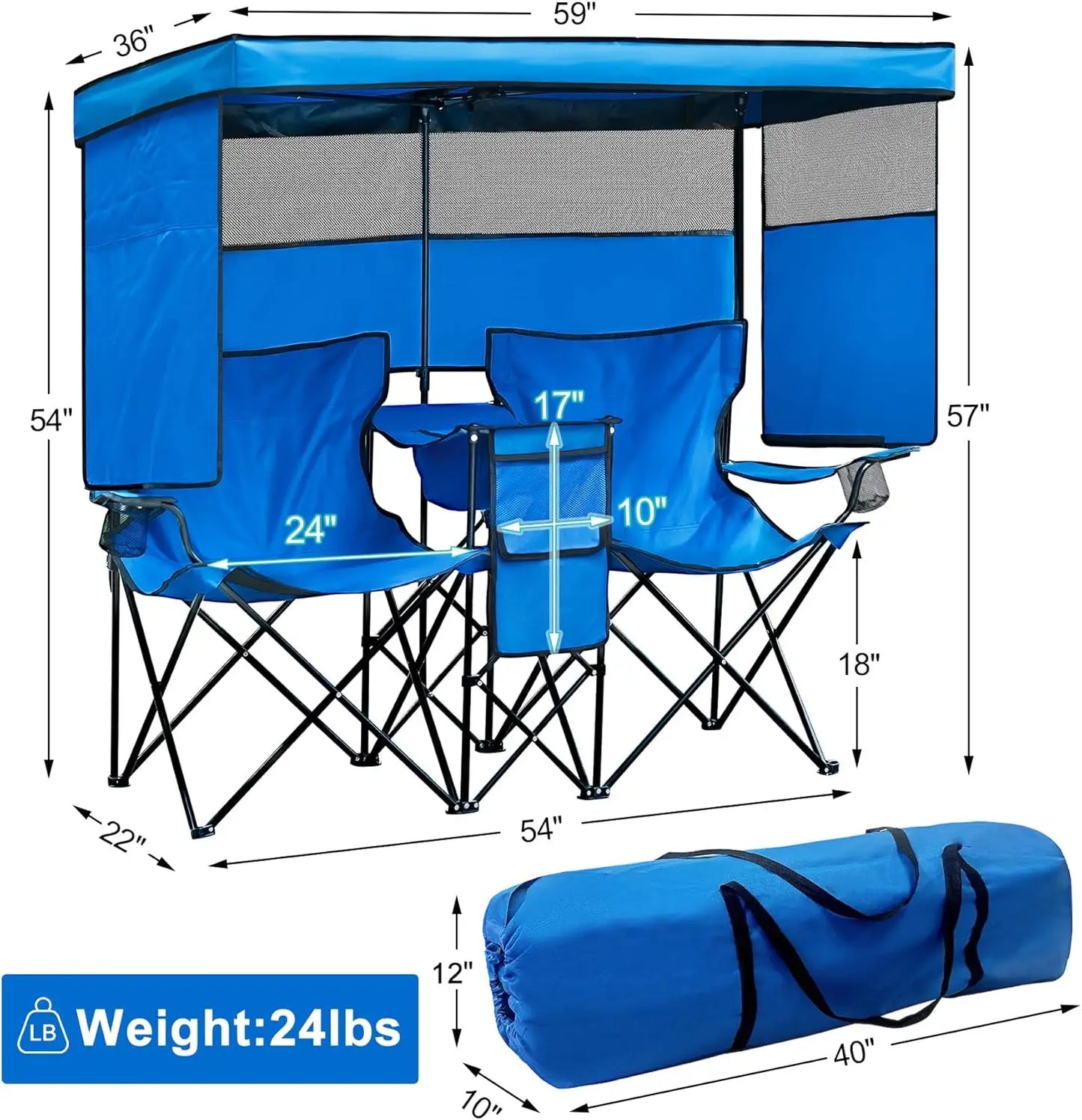 Folded Double Beach Chair With Canopy Shade For Outdoors