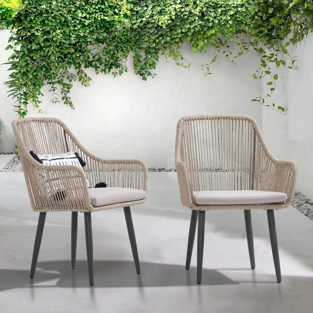 Modern Outdoor Dining Chairs Set of Two Woven Rope Rattan