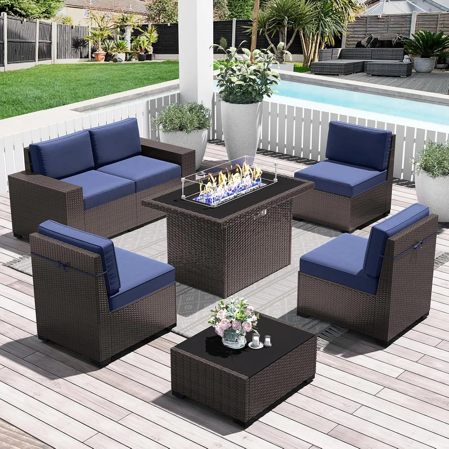 Outdoor Wicker Rattan Conversation Set With Fire Pit Table 15 Piece Patio Furniture Set