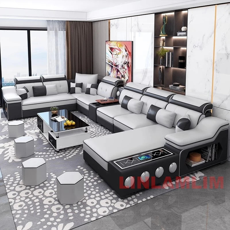 Modern Sectional Sofa Set with Bluetooth Speakers and USB Ports
