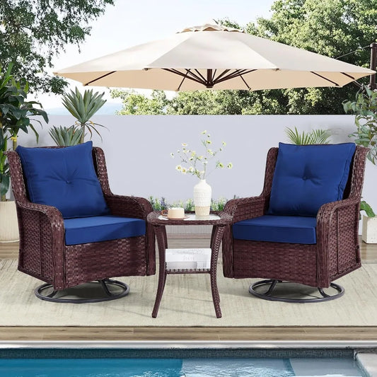HUANZHUANG Patio 3 Piece Wicker Set With Swivel Chairs