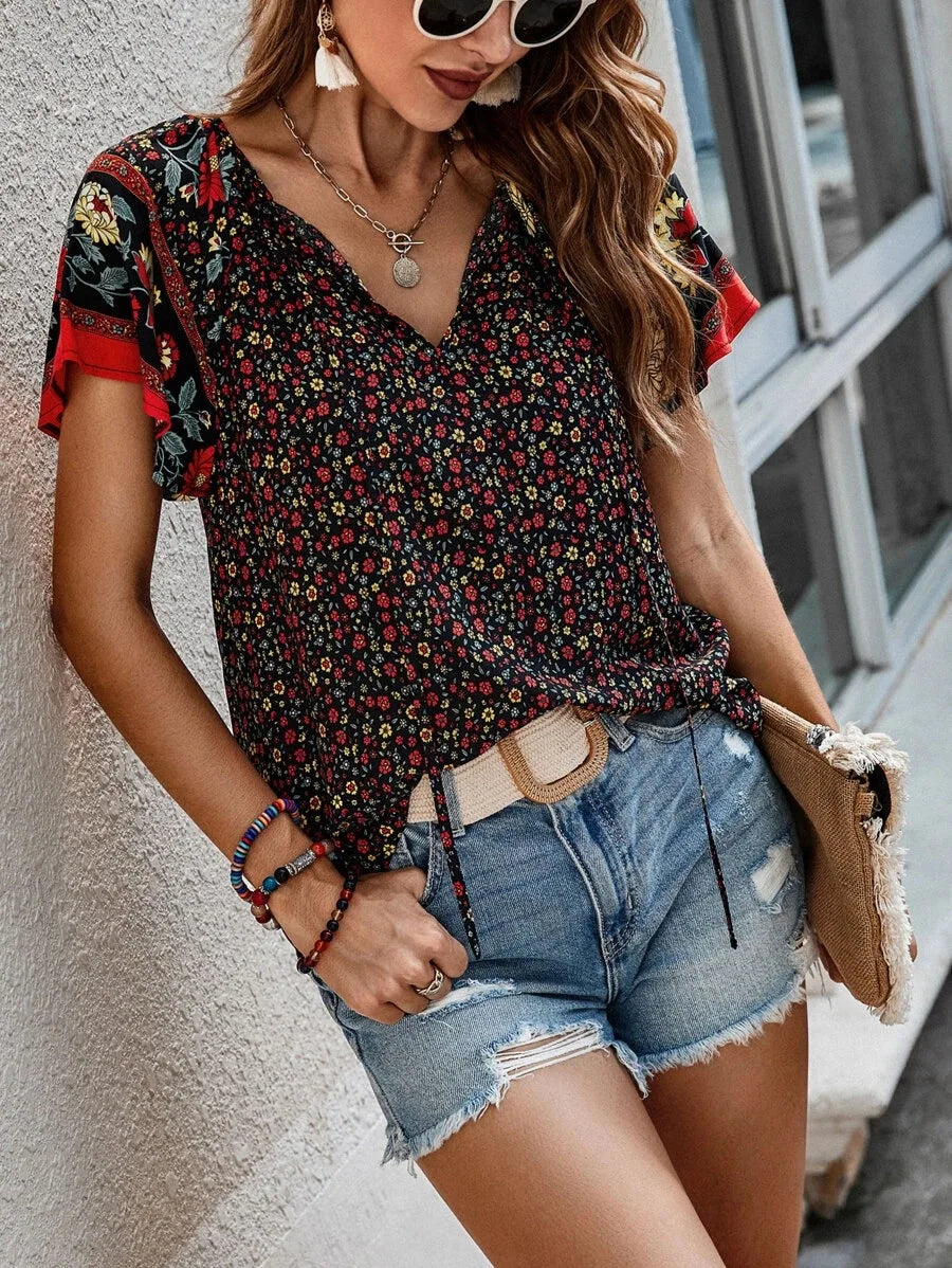 HEYTOAICN Summer Floral Blouses Women V Neck Short Sleeve