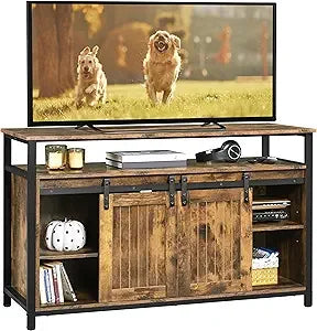 Farmhouse Style TV Stand With Storage And Sliding Doors