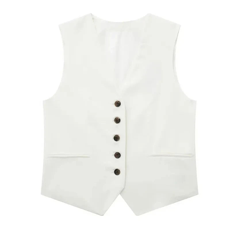 TRAFZA Women Casual Vintage Pant Suit Vest Shorts Set