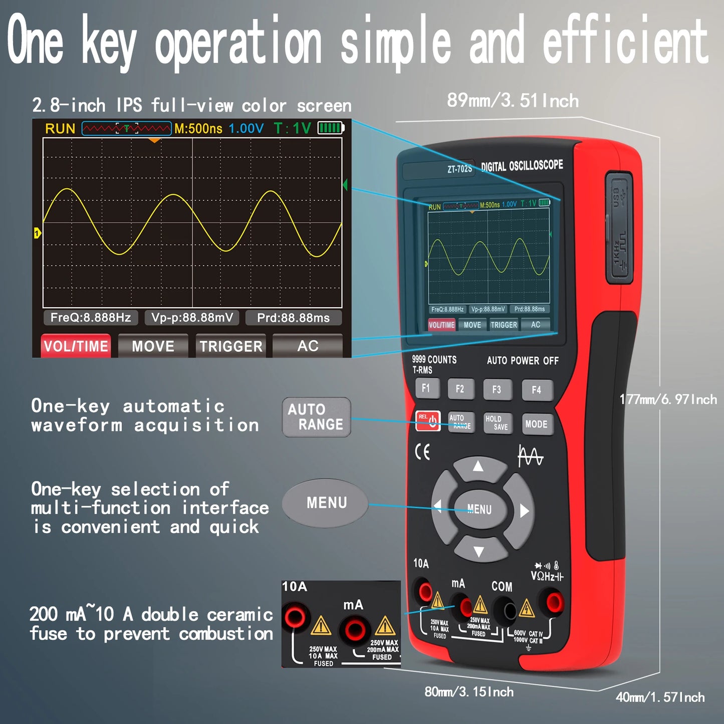 ZOYI ZT-702S 2 In 1 Handheld Digital Oscilloscope Multimeter