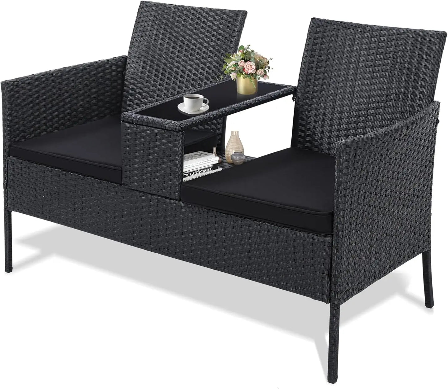 2 Seat Patio Conversation Set Outdoor Rattan Loveseat with Table Washable Cushion Covers Garden Furniture Sets