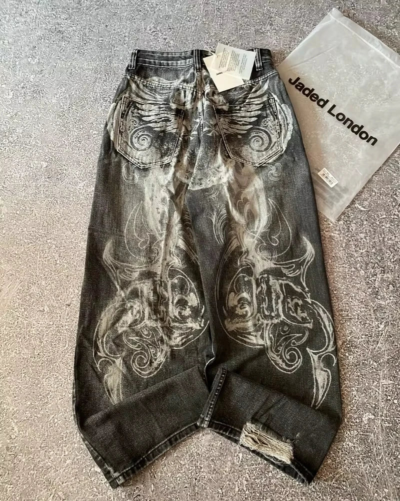 Streetwear Embroidered Baggy Jeans Women High Waist Wide Leg