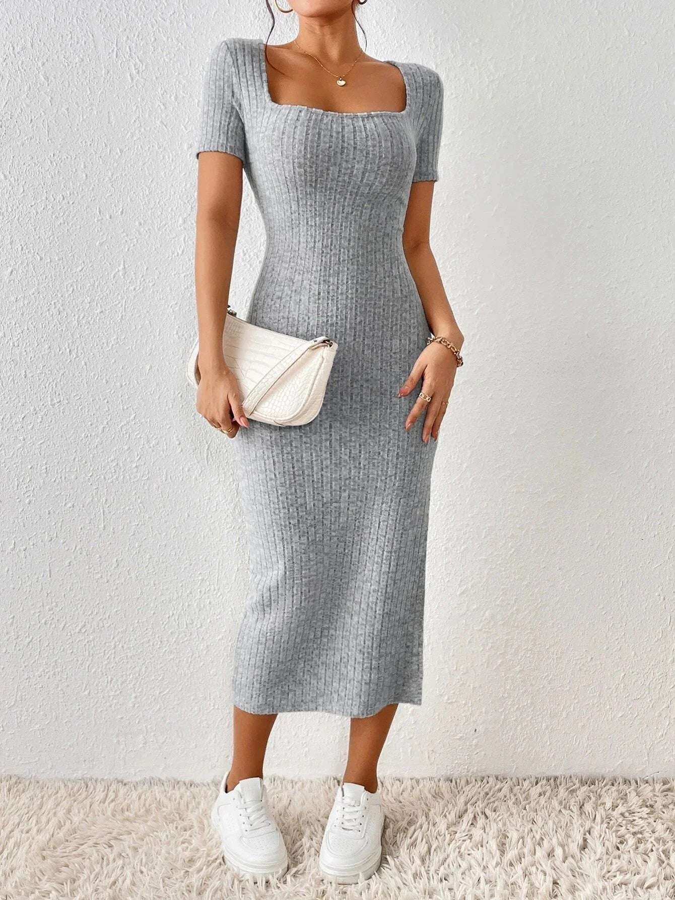 Women Knitted Casual Dress with Square Collar and Side Slit