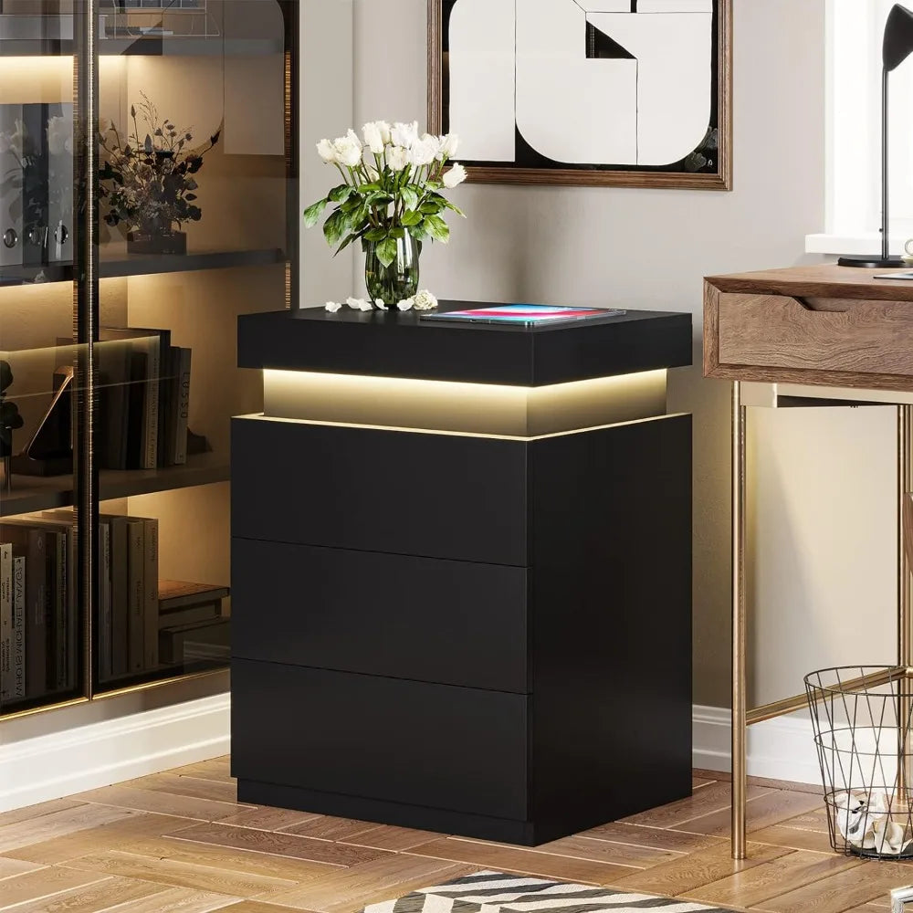 Modern Nightstand with Charging Station and LED Lighting Options