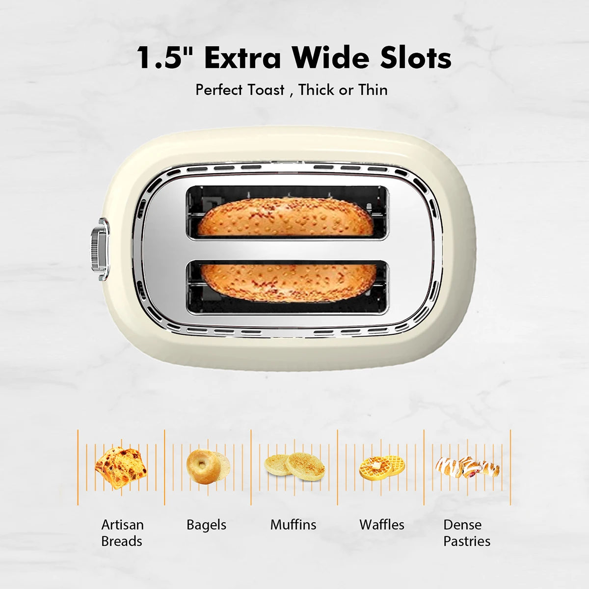 2 Slice Toaster with Extra Wide Slots Removable Crumb Tray Six Browning Options Auto Shut Off Frozen Function Cream