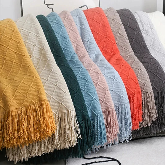 Nordic Knitted TV Blanket with Tassels Soft Fleece Throw Shawl for Sofa and Bed End Decor
