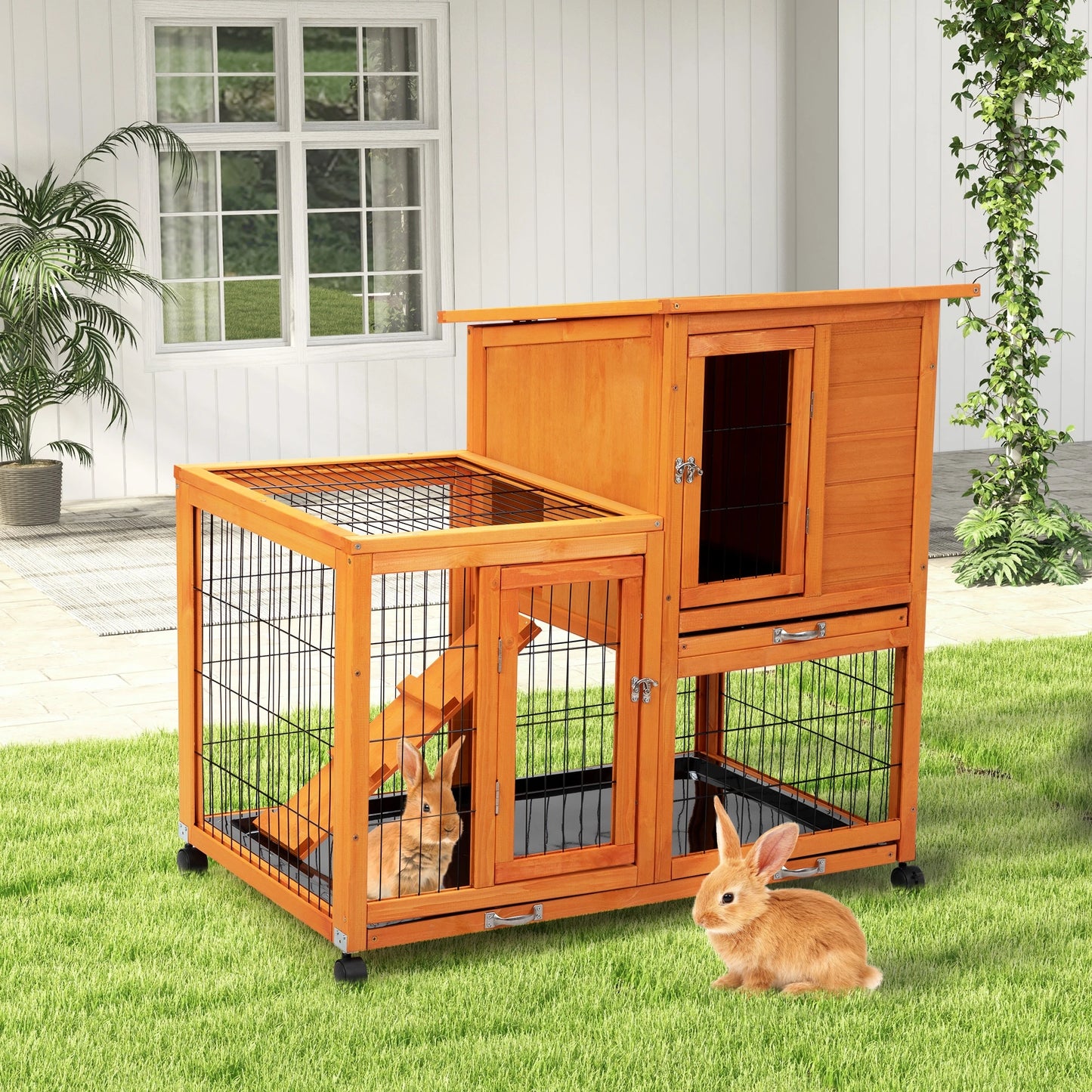 Detachable Rabbit Hutch With Removable Tray And Rolling Casters