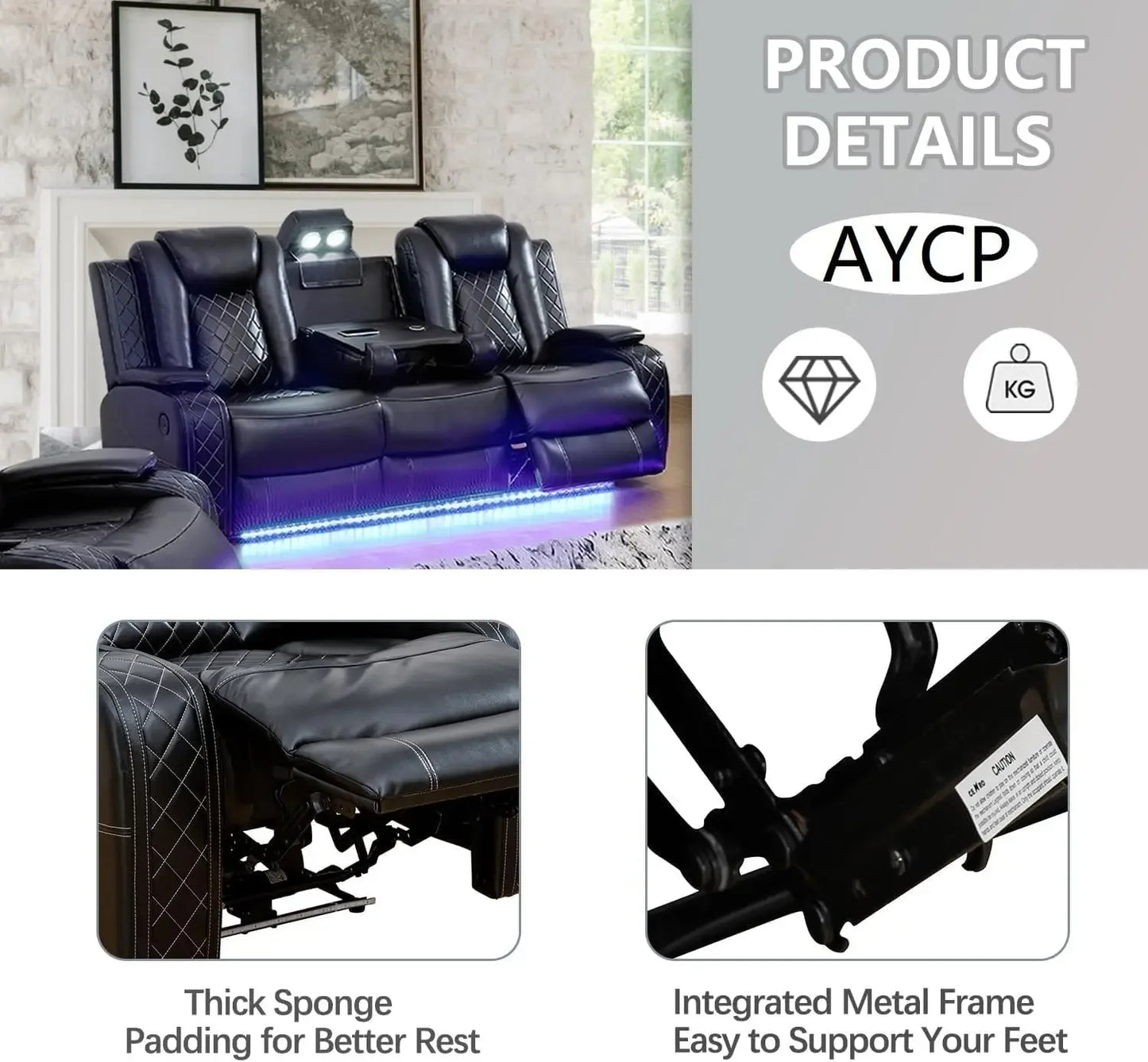 XMSJ Power Air Leather Recliner Sofa Set With LED Lights