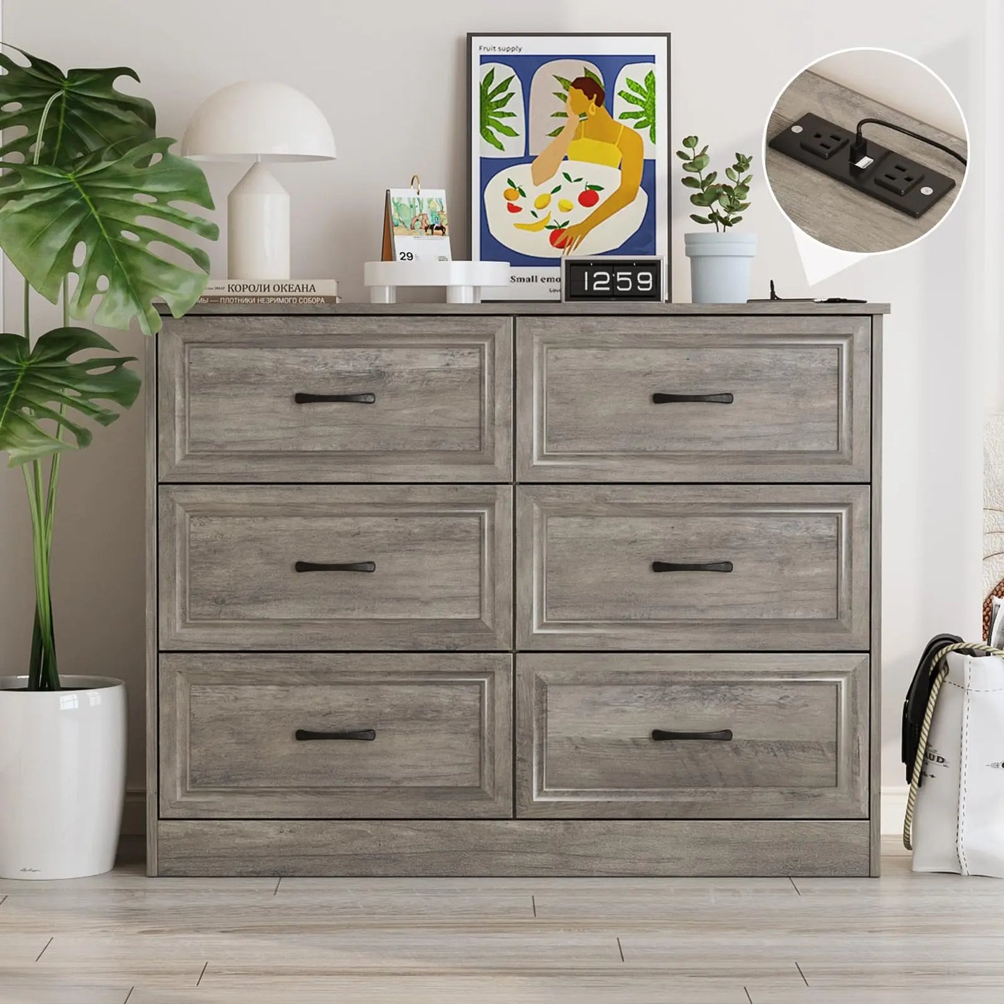 Vabches 6 Drawer Dresser For Bedroom With Power Strip