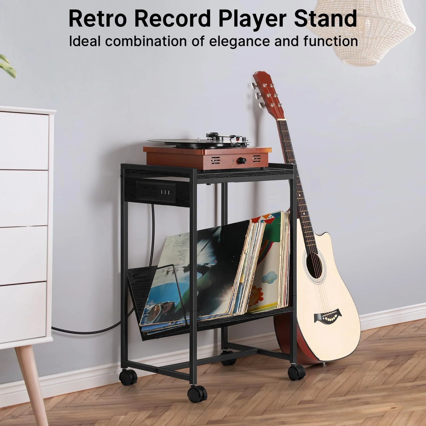 Record Player Stand with Vinyl Storage Side Table and Charging Station 2 Tier Rolling Record Player Table for Living Room