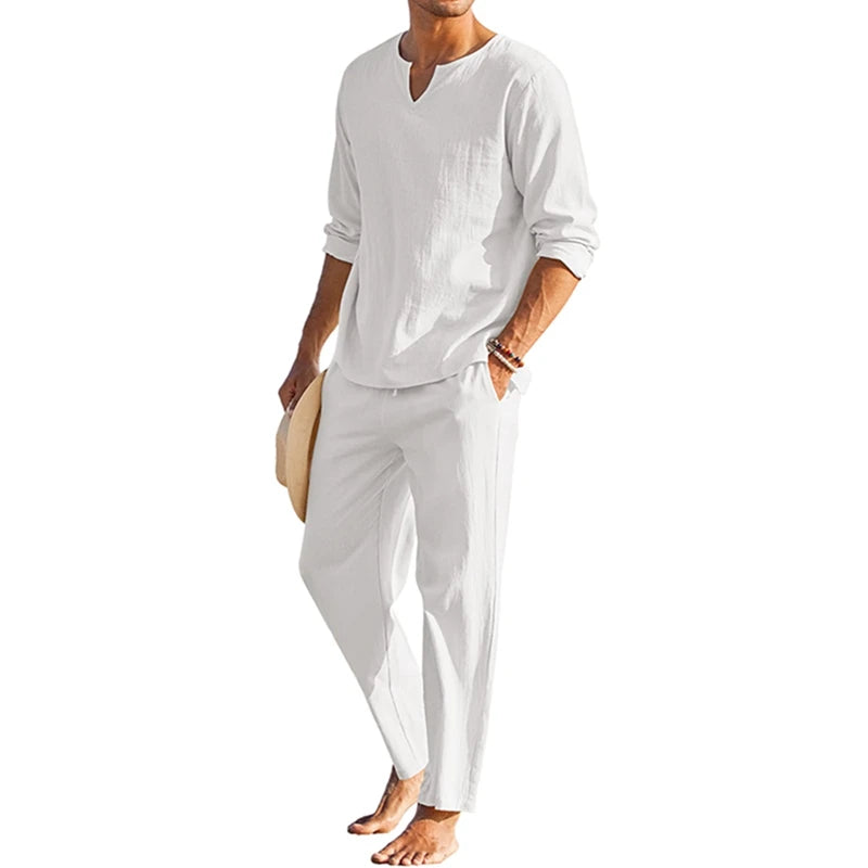 Guangdong Men's Summer Cotton Linen 2 Piece Loungewear Set