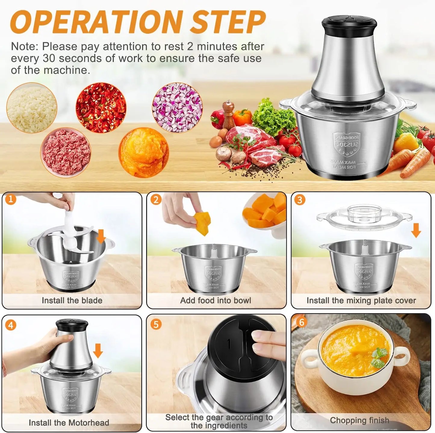 Electric Stainless Steel Meat Grinder and Food Processor Chopper