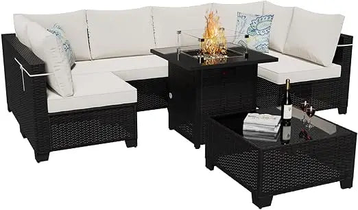 8 Pieces Outdoor Sectional Furniture Rattan Wicker Patio Sofa Couch with 28 Inch Gas Fire Pit Table Conversation Set for Backyard