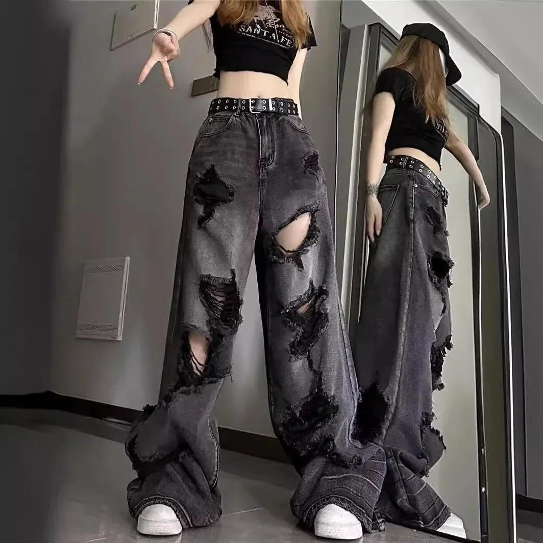 Unique Distressed Loose Fit Bell Bottom Jeans for Women