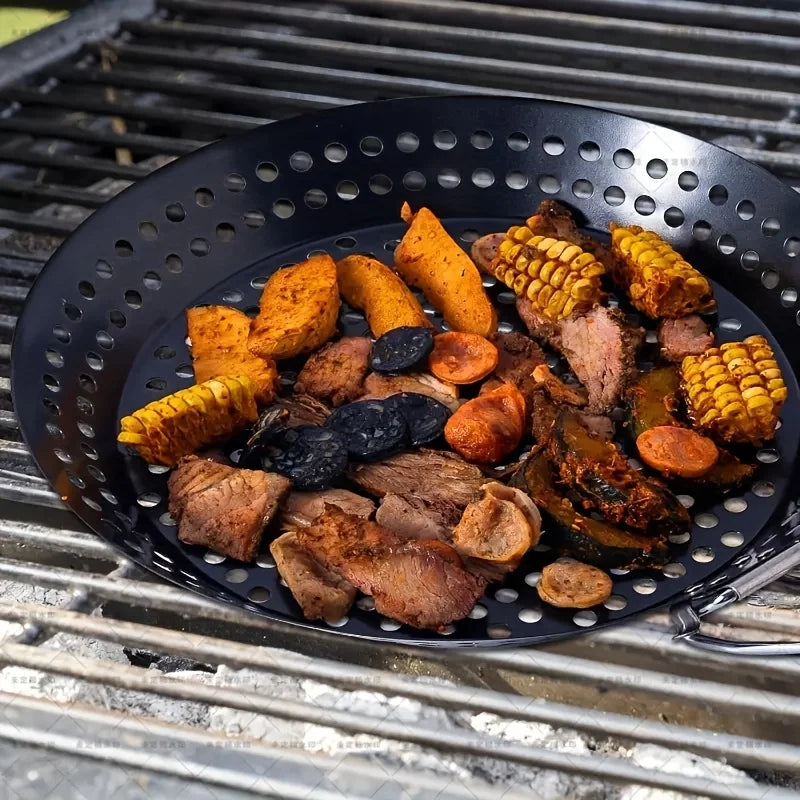 Round BBQ Grill Basket with Folding Handle for Outdoor Cooking