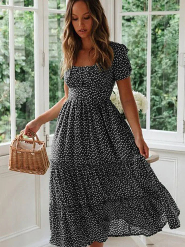 Vintage Floral Puff Sleeve Maxi Dress for Summer Beach Days