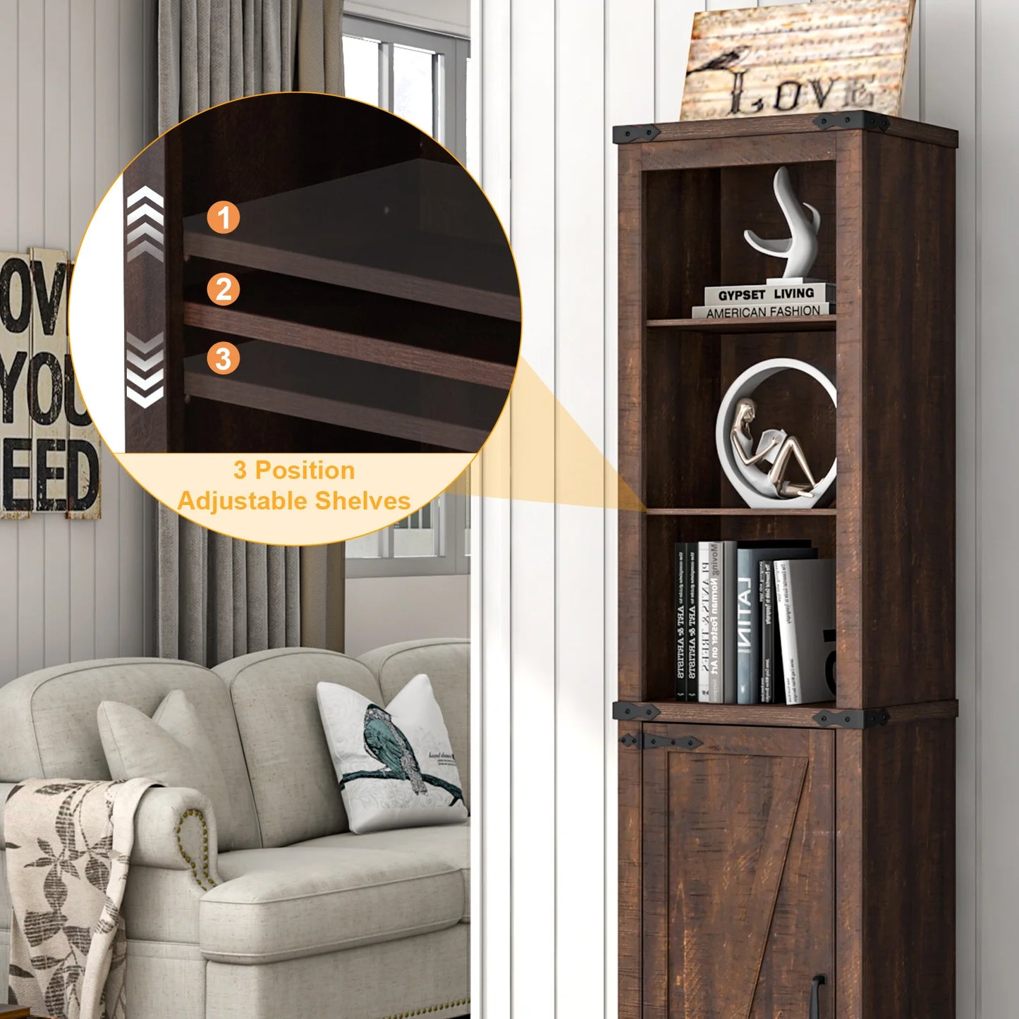 QiaoShiRen Farmhouse Linen Tower Cabinet With Barn Door