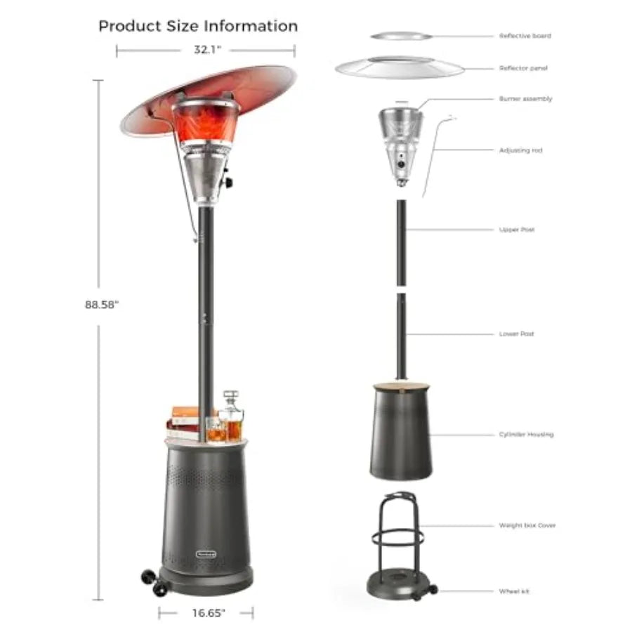 50000 BTU Portable Propane Patio Heater Adjustable Heat Top Wheels