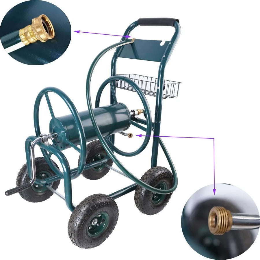 Portable Garden Hose Reel Cart with Storage Basket and Wheels