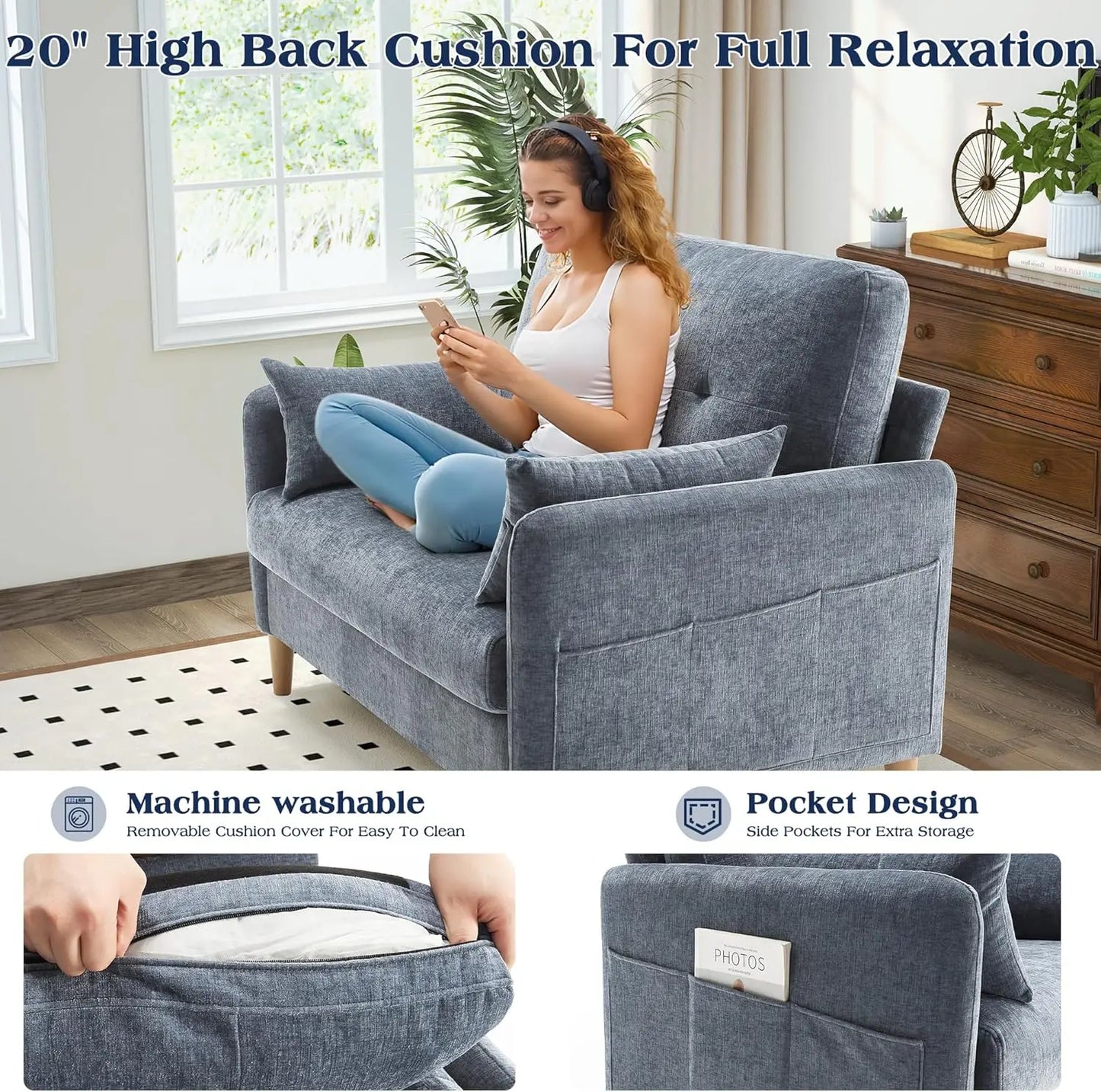 Comfy Chenille Loveseat Sofa with Removable Cushions and Pillows