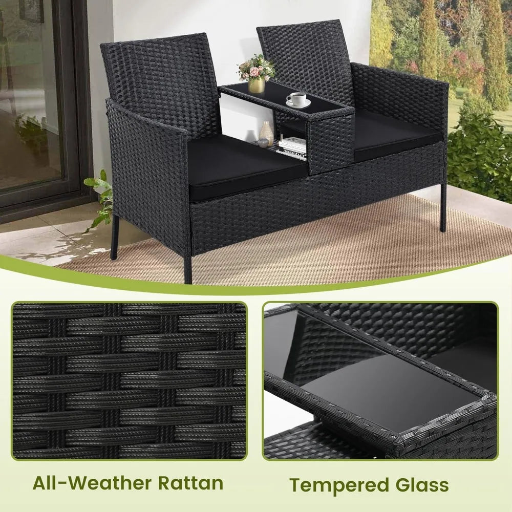 2 Seat Patio Conversation Set Outdoor Rattan Loveseat with Table Washable Cushion Covers Garden Furniture Sets