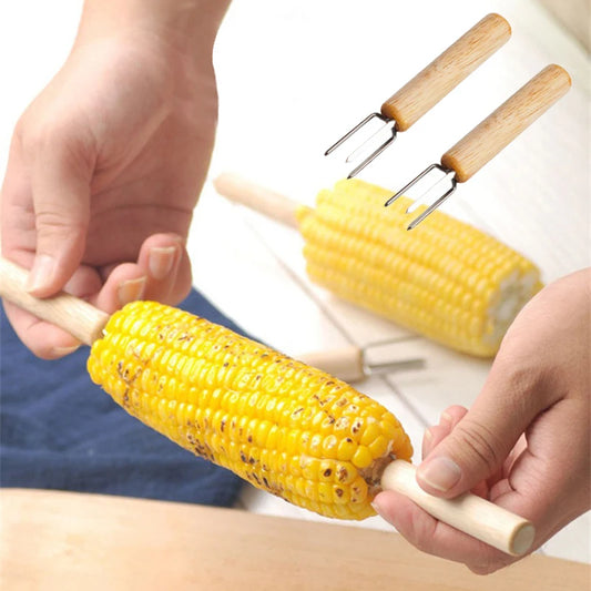 Stainless Steel Corn Holders with Wooden Handle for BBQ Cooking