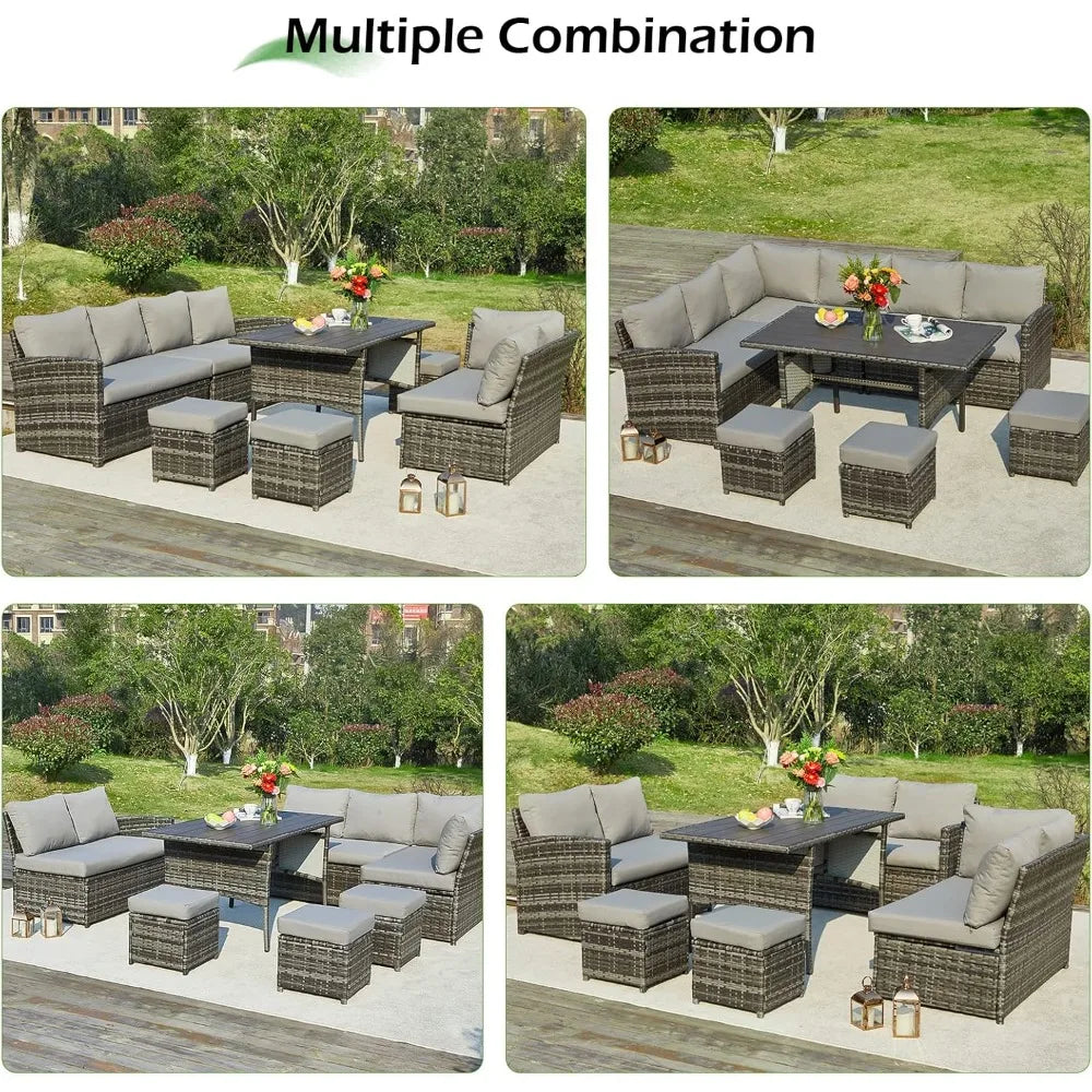 Outdoor Furniture 7 Piece Set with Dining Table and Chairs All Weather Wicker Set with Ottoman Garden Furniture Set