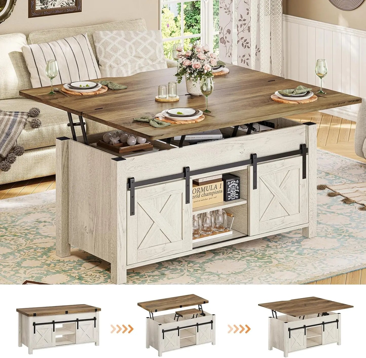 Lift Top Coffee Table 4 in 1 Multi Function Convertible Coffee Tables with Storage and Hidden Compartment Farmhouse Design