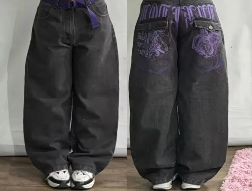 Streetwear Embroidered Baggy Jeans Women High Waist Wide Leg