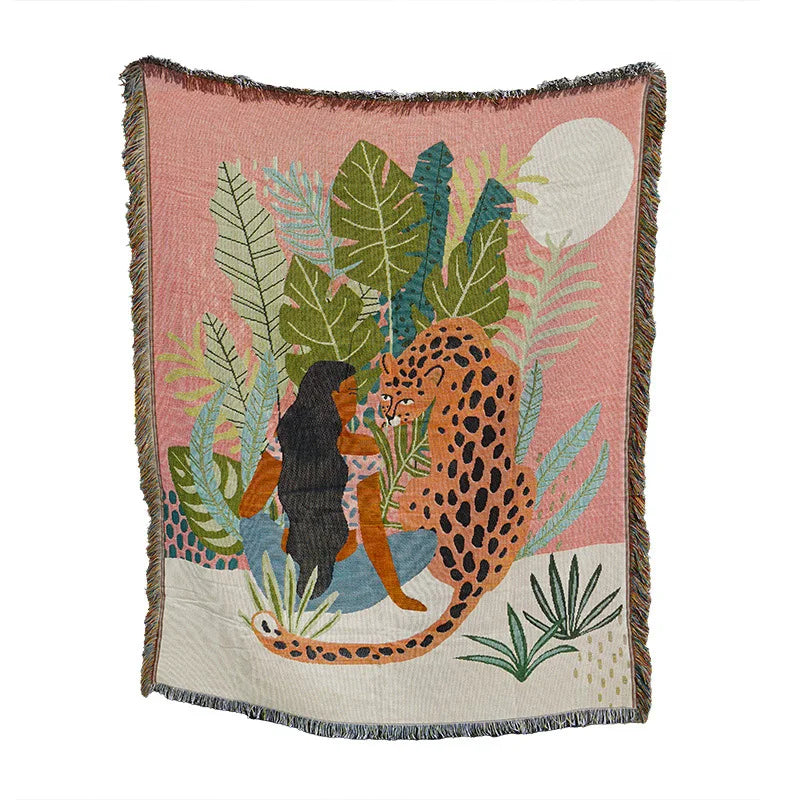 Women Leopard Throw Blanket Multifunctional Beach Sofa Cover Tassel Dust Cover Air Conditioning Blanket for Bed